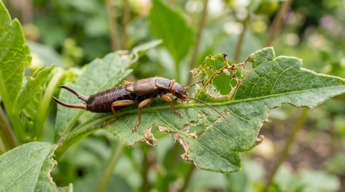 Close-up showing earwig friend or foe on UK garden plant for identification