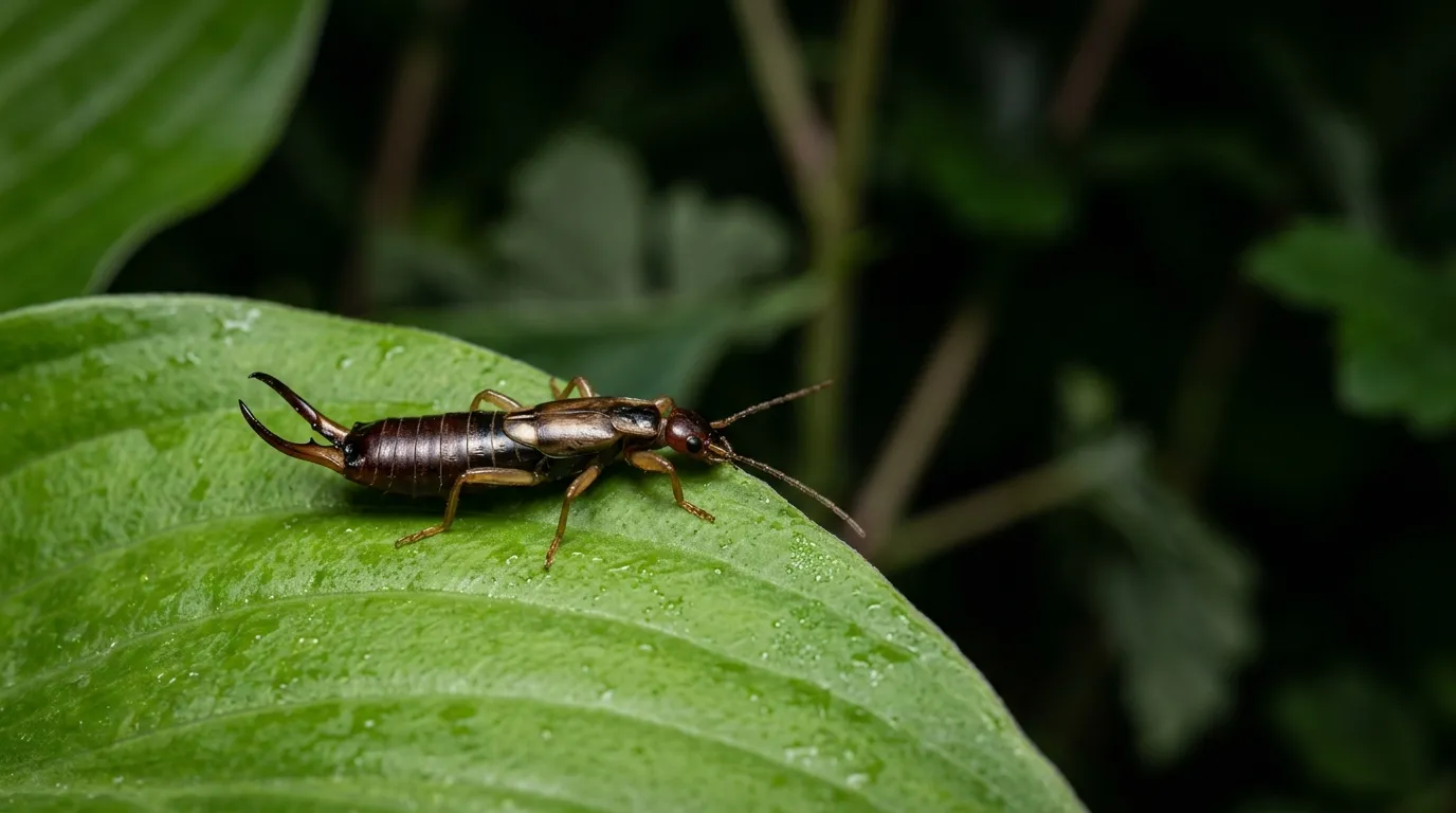Common earwig Forficula auricularia on a green leaf in a UK garden at night showing curved pincers