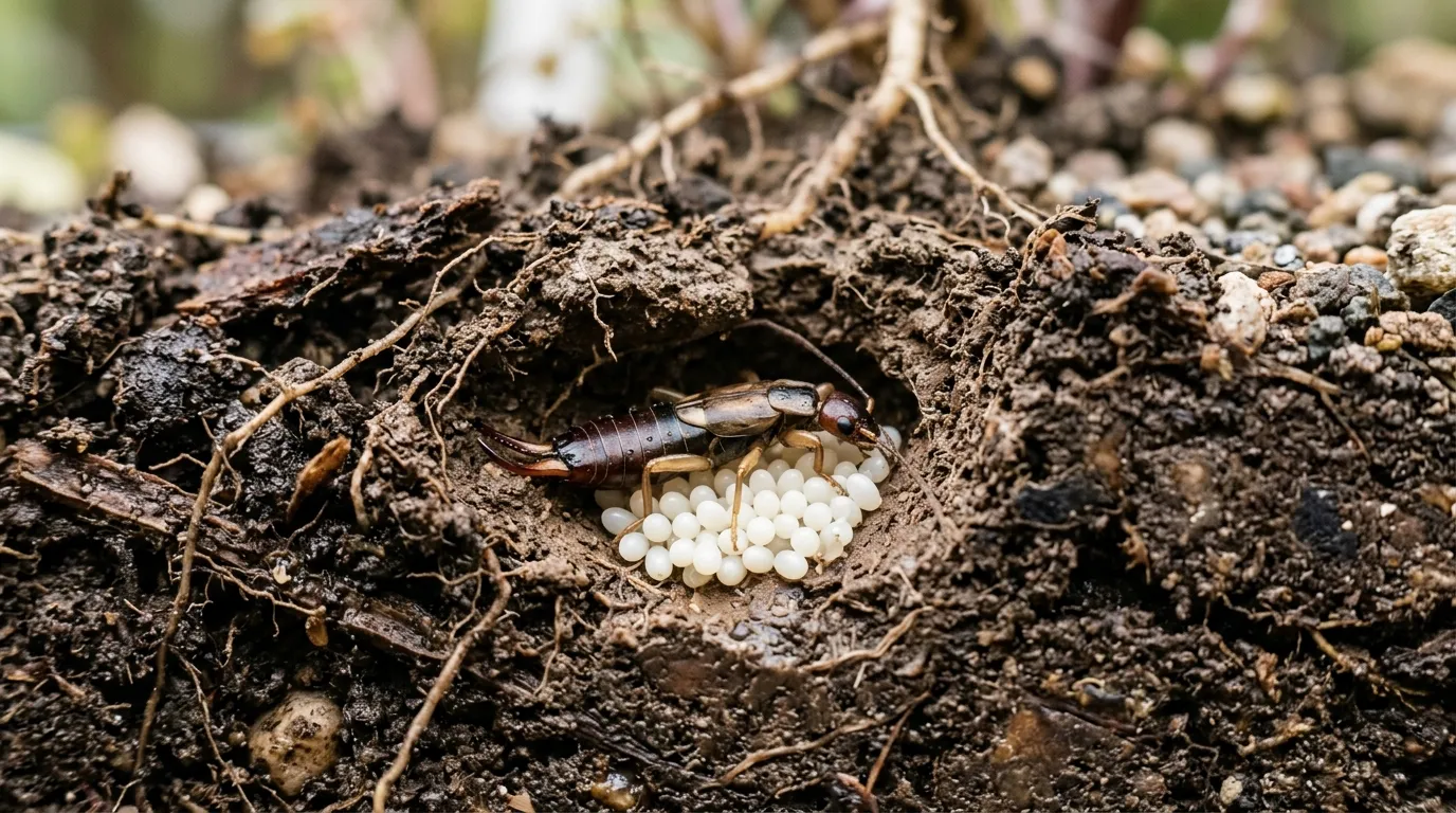 Earwig mother guarding pale white eggs in underground chamber showing maternal care behaviour