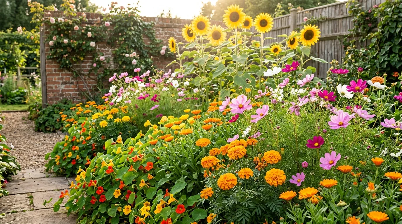 Colourful easy flowers from seed in a UK cottage garden border including sunflowers and cosmos