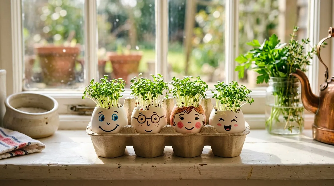 Easter eggshell cress craft with decorated shells growing on a windowsill