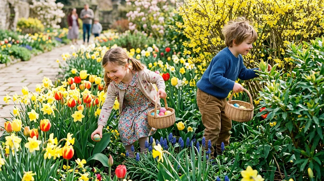 Children on an Easter egg hunt in a spring garden