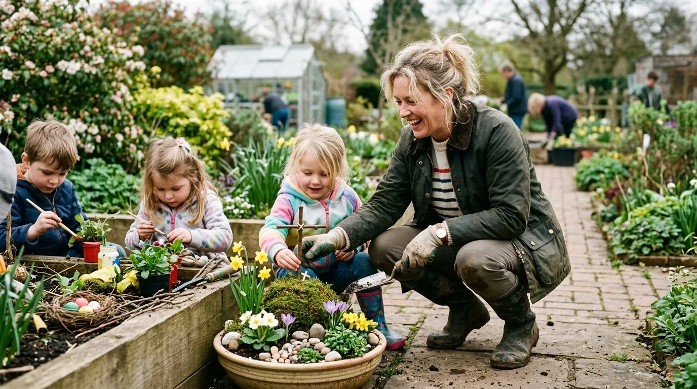 UK gardener working on easter garden activities kids in a real garden setting