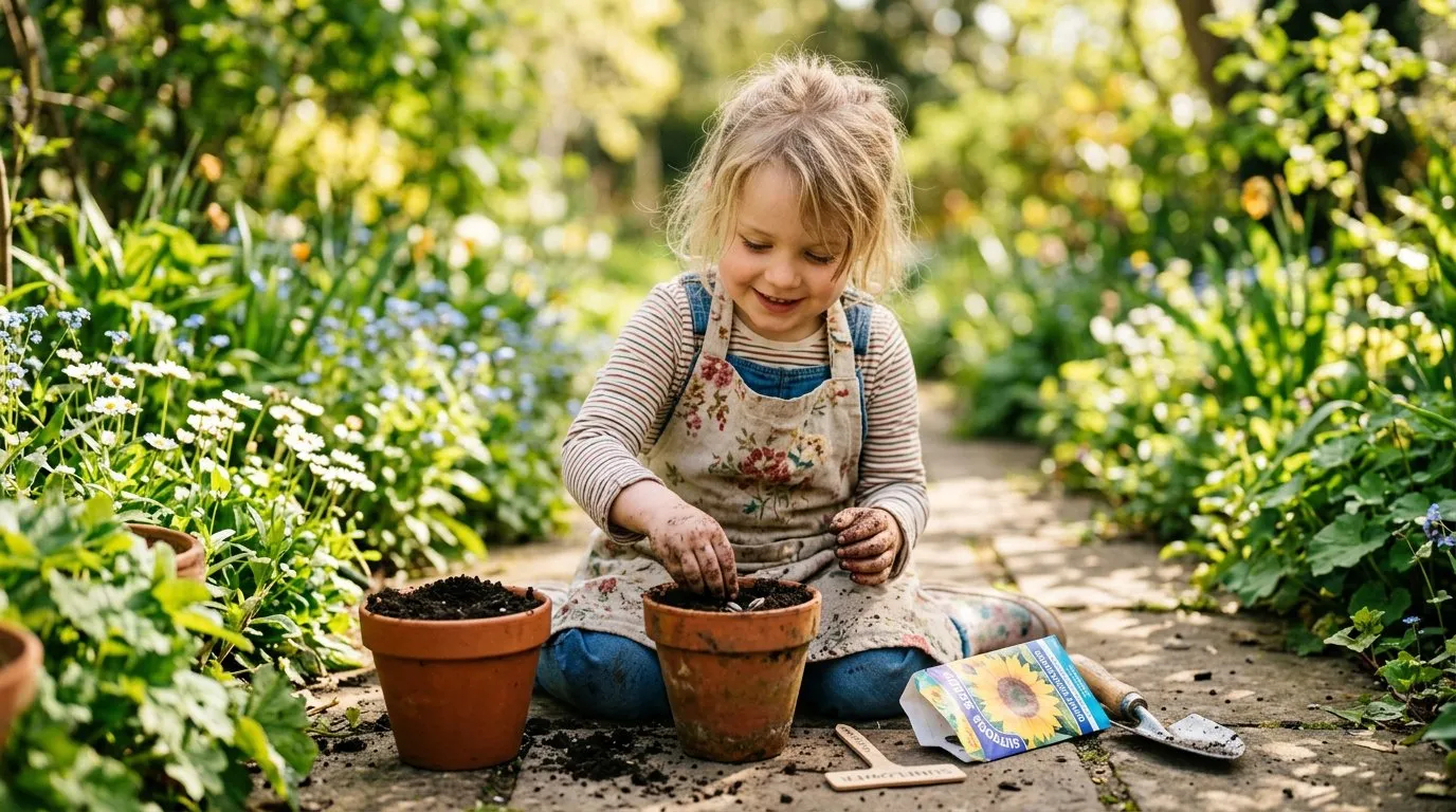 Child planting sunflower seeds in a terracotta pot during an Easter garden activity in spring