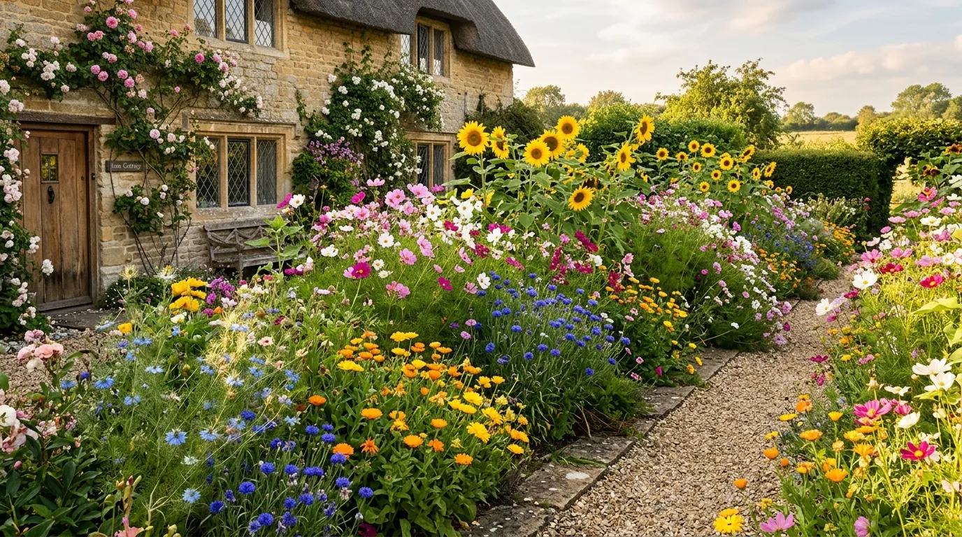 A cottage garden border of easy flowers grown from seed in the UK
