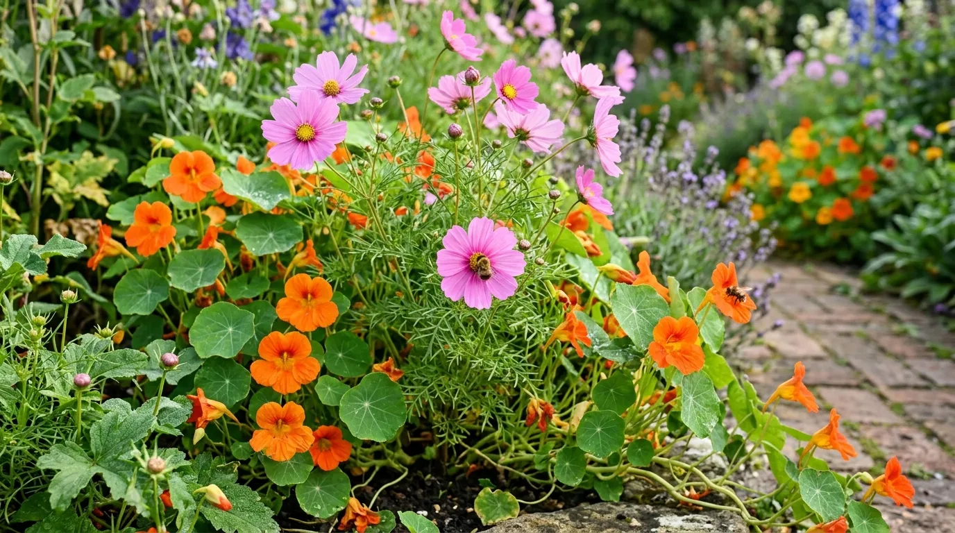 Easy flowers from seed nasturtiums and cosmos blooming in a UK garden