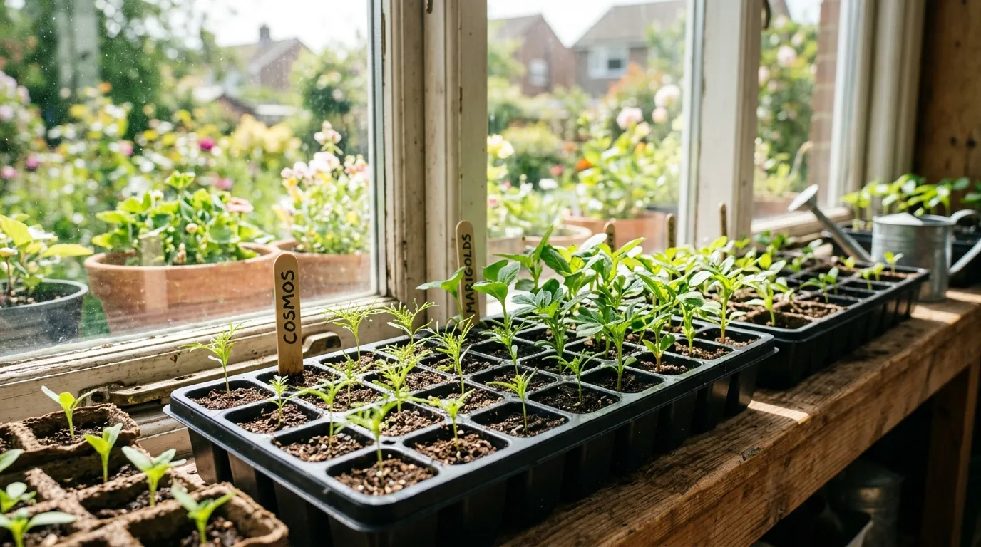 Sowing easy flower seeds in trays on a windowsill for UK growing