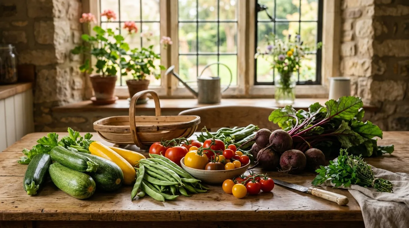 Freshly harvested home-grown vegetables including courgettes, tomatoes, and beans arranged on a wooden kitchen table ready for easy recipes
