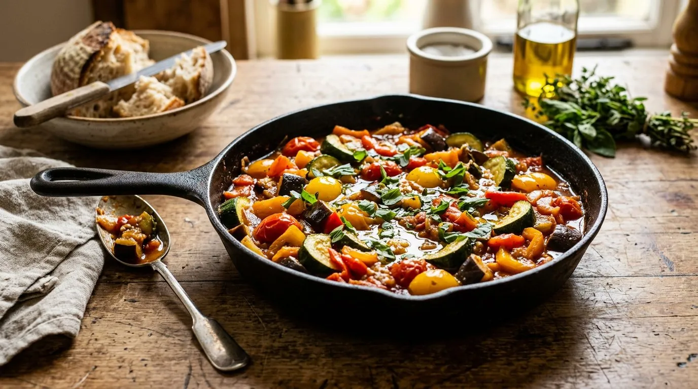Easy recipes ratatouille made with home-grown vegetables in a cast iron dish