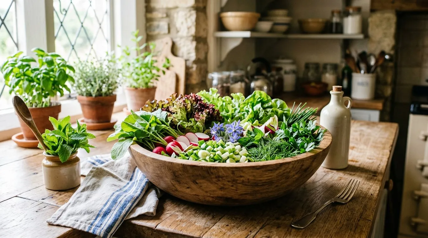 Easy recipes fresh garden salad bowl with home-grown lettuce, radishes, and herbs