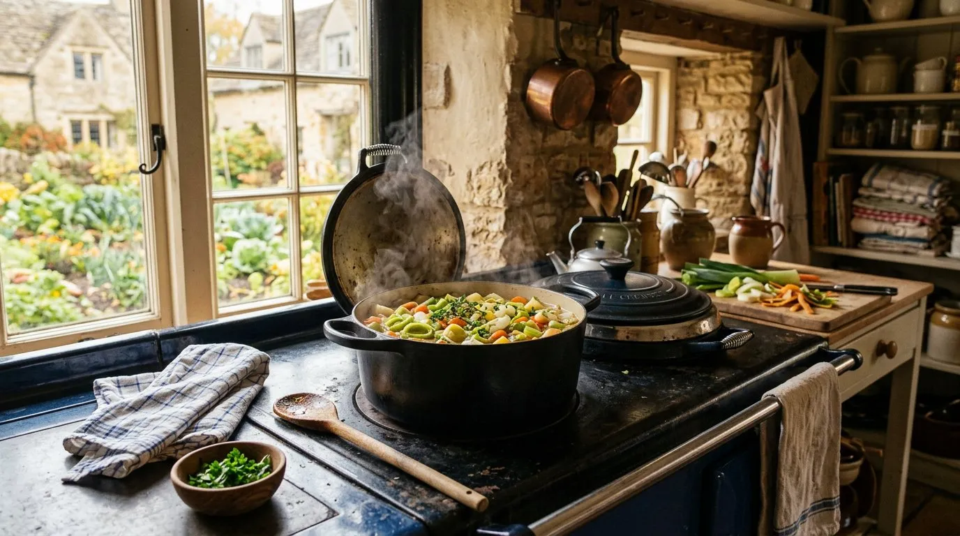Easy recipes home-grown vegetable soup with leeks, carrots, and potatoes in a UK farmhouse kitchen