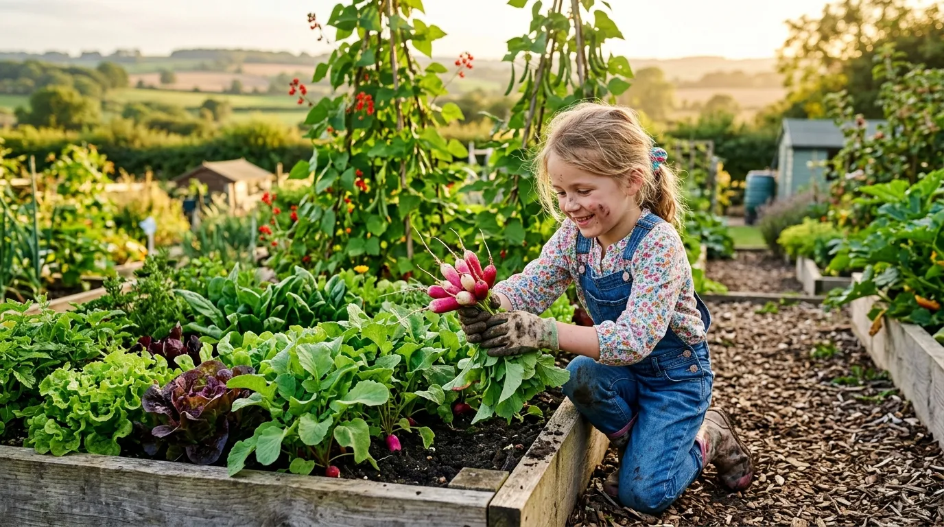 Child harvesting easy vegetables for kids in a sunny UK garden with raised beds