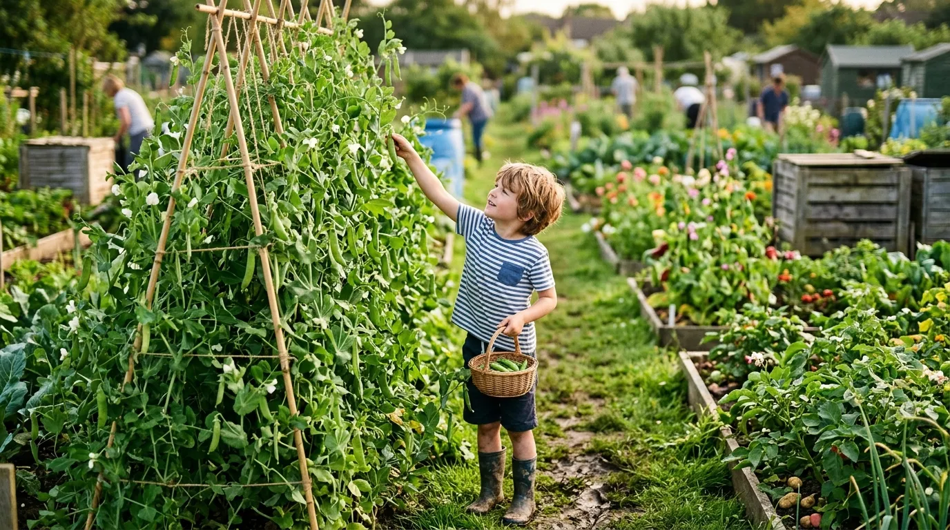 Child picking peas from a garden wigwam in a UK allotment on a sunny day