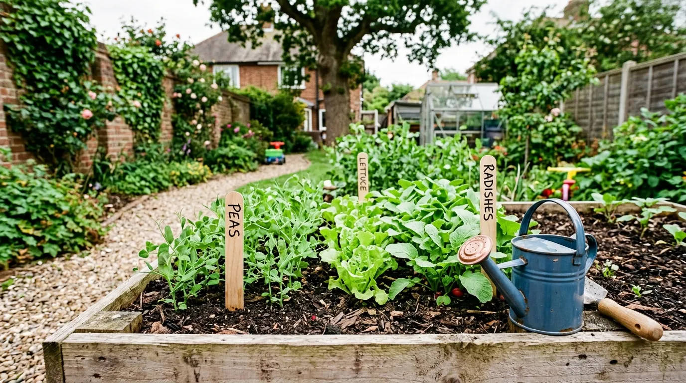 A child's raised bed vegetable garden with labelled wooden markers and mixed crops in a UK suburban setting