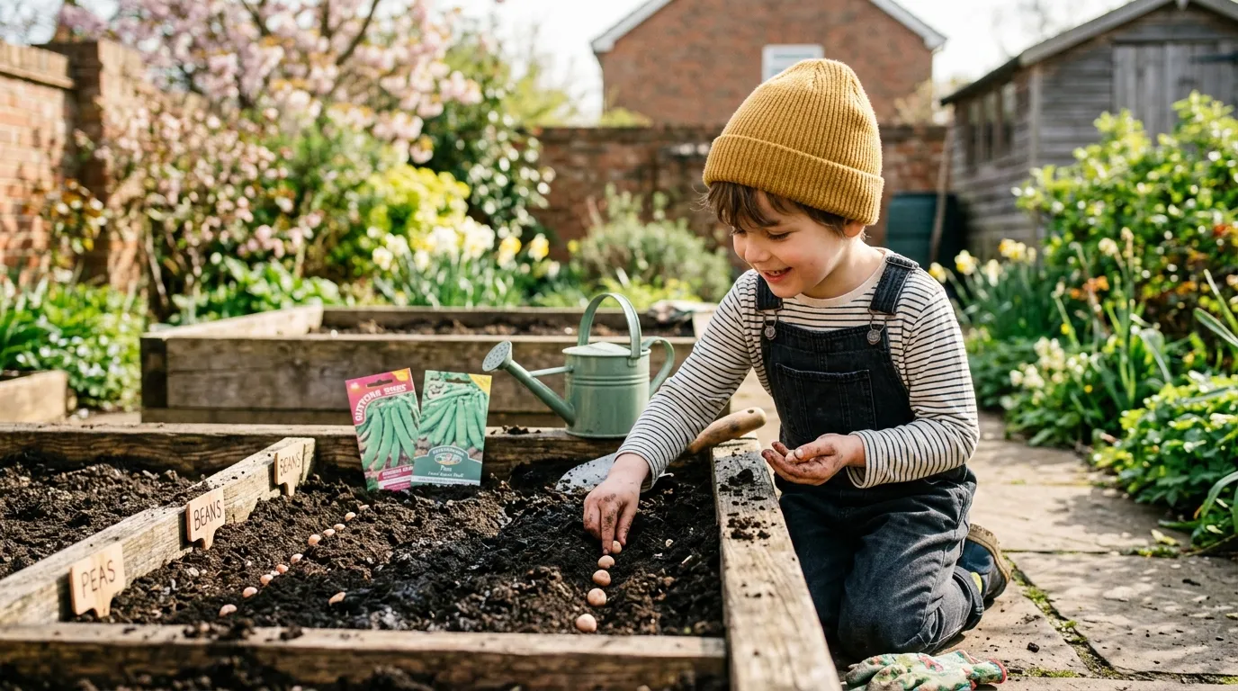 Children sowing vegetable seeds together in raised beds in a UK back garden