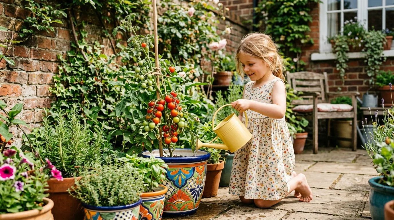 Child watering cherry tomato plants growing in colourful pots on a sunny UK patio