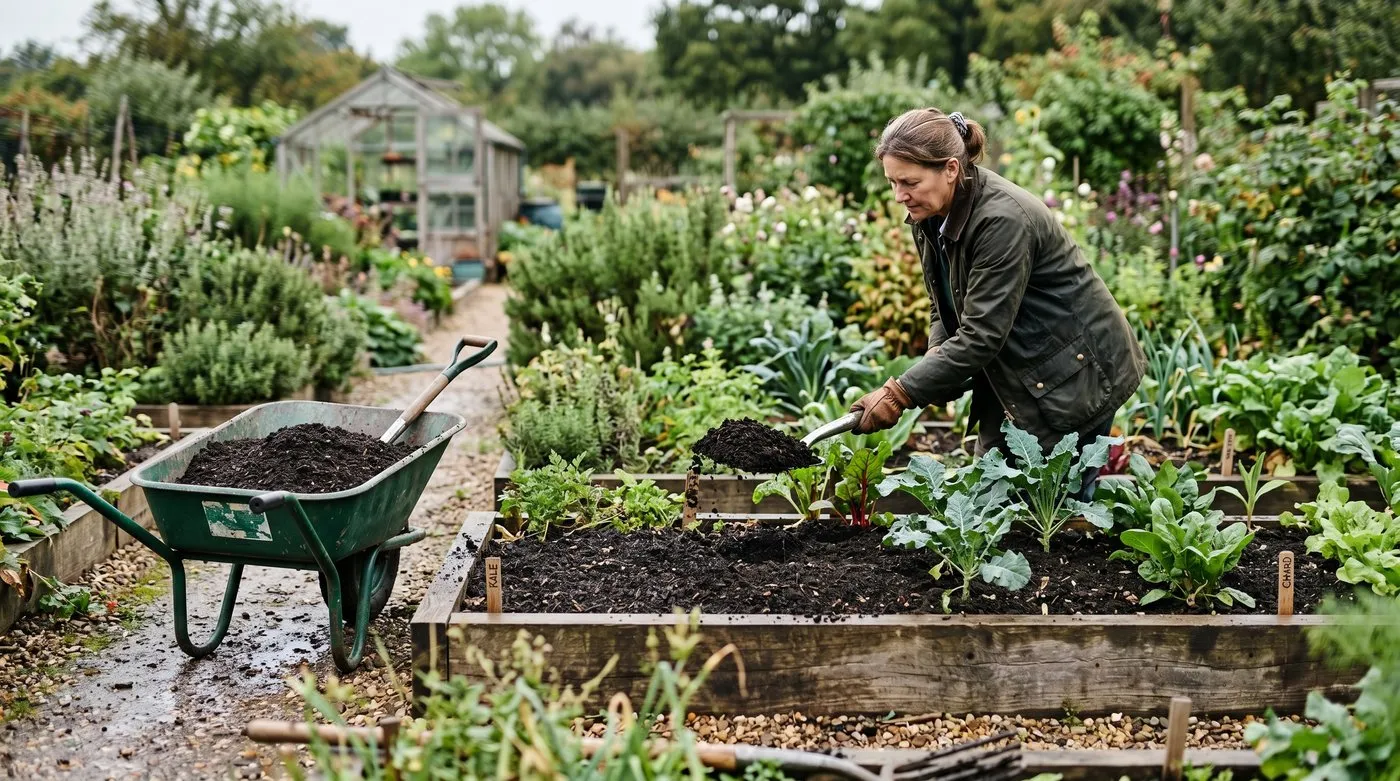 A no-dig bed being mulched with peat-free compost in a sustainable UK garden