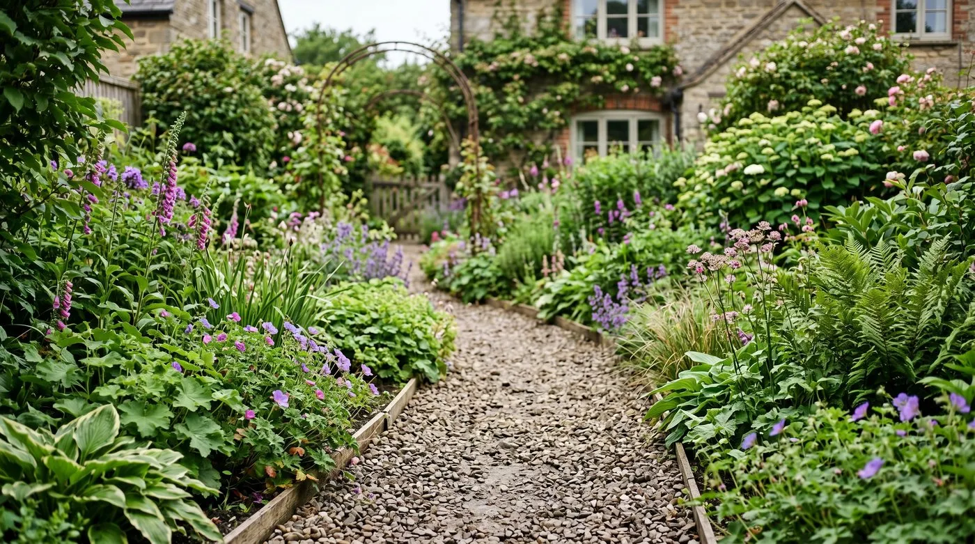 A permeable gravel path and planting replacing solid paving in a UK back garden