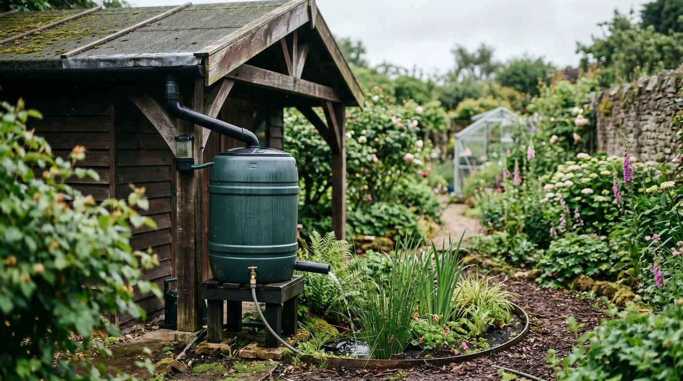 A water butt collecting rain from a shed roof beside a small planted rain garden