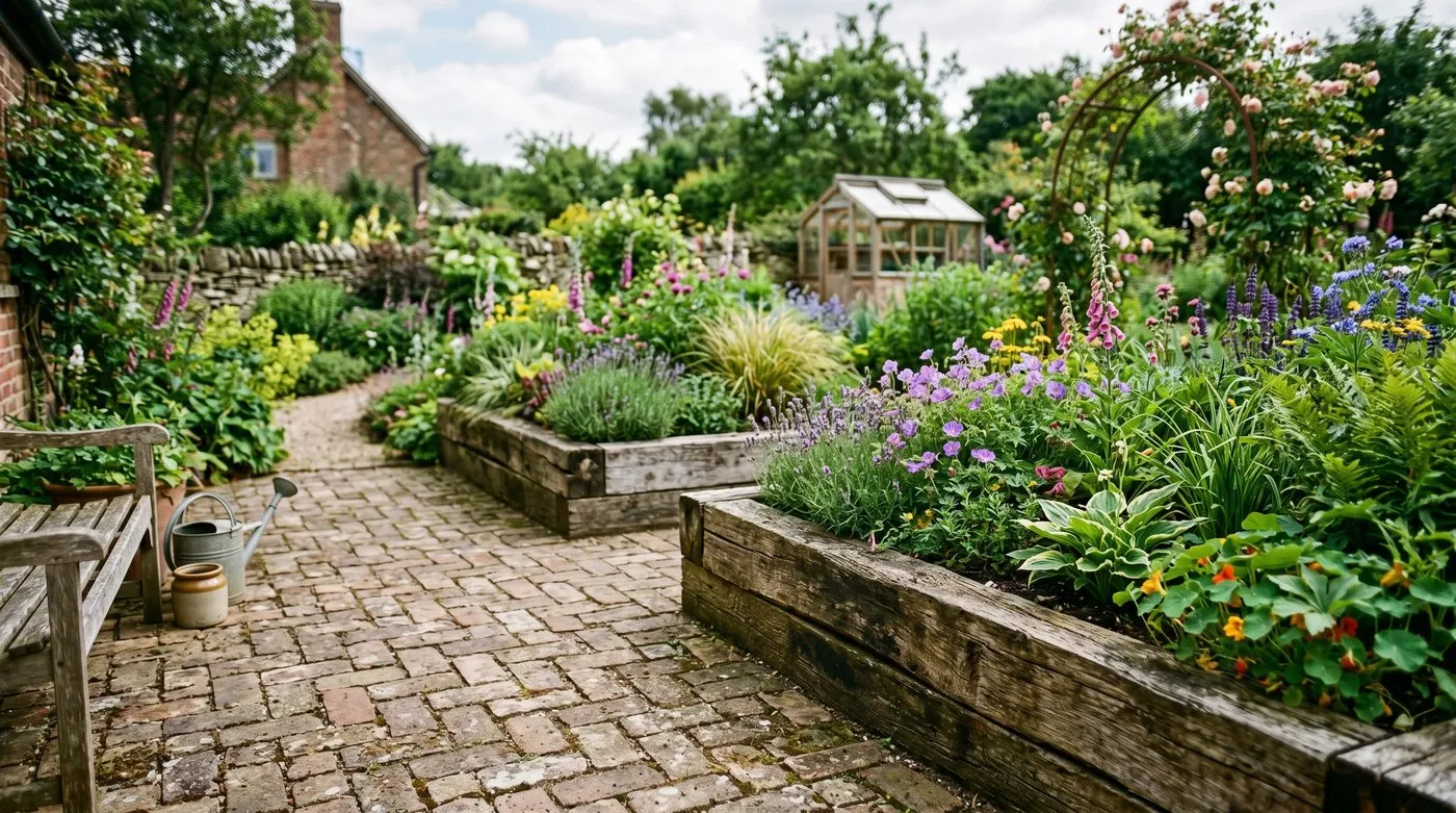 A reclaimed-brick patio and reused timber raised beds in an eco-friendly UK garden