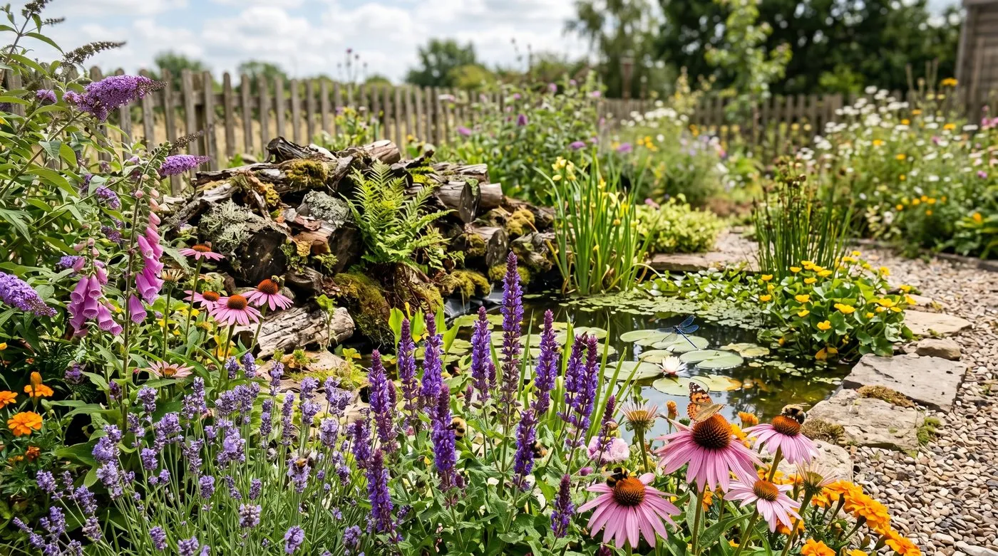 A wildlife-friendly corner of an eco garden with a small pond, log pile and pollinator planting