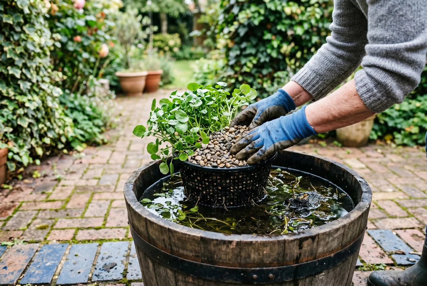 Edible water mint and watercress growing in a lined oak half-barrel container pond on a UK patio