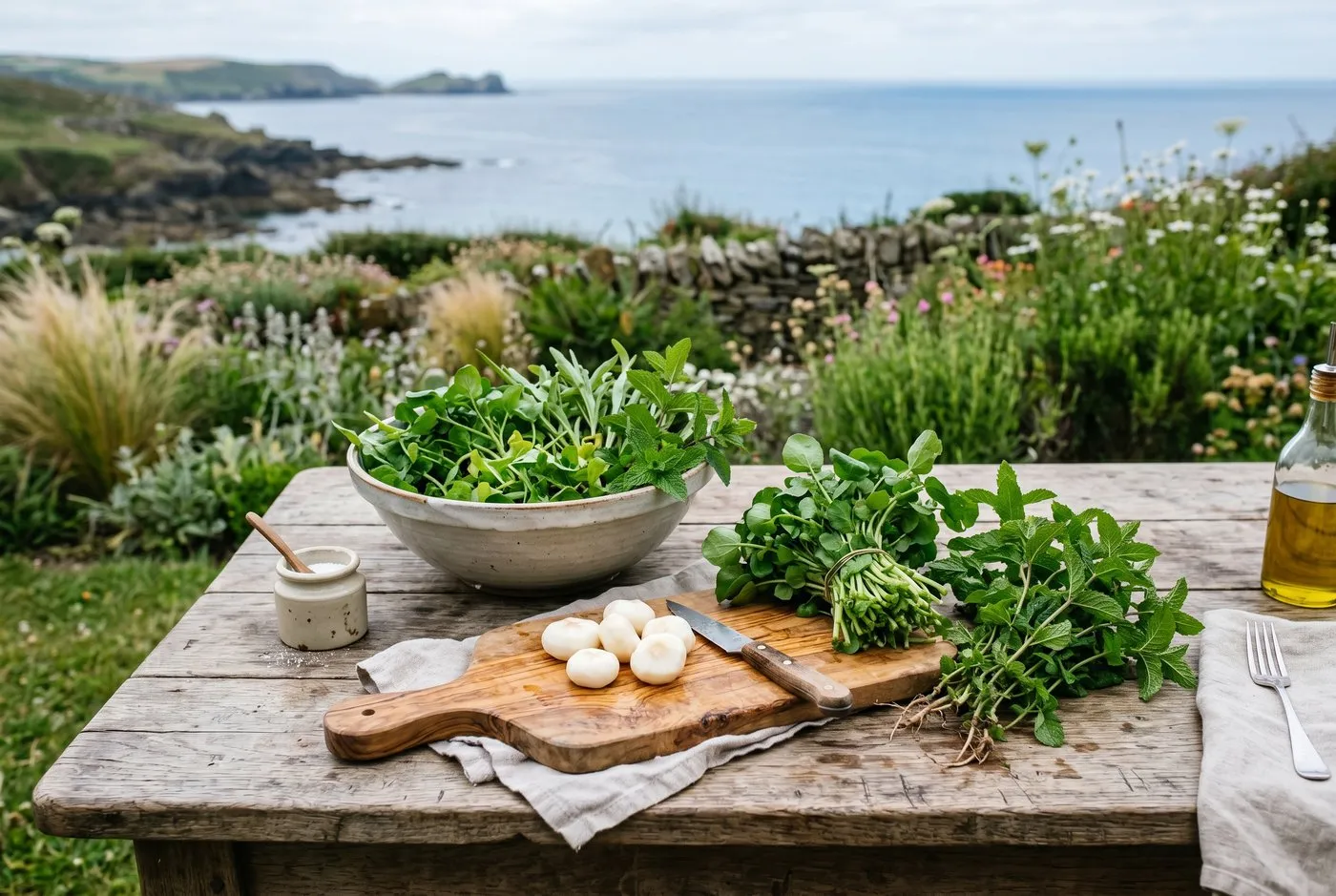 A plate of harvested watercress, water mint and water chestnut from a home container pond