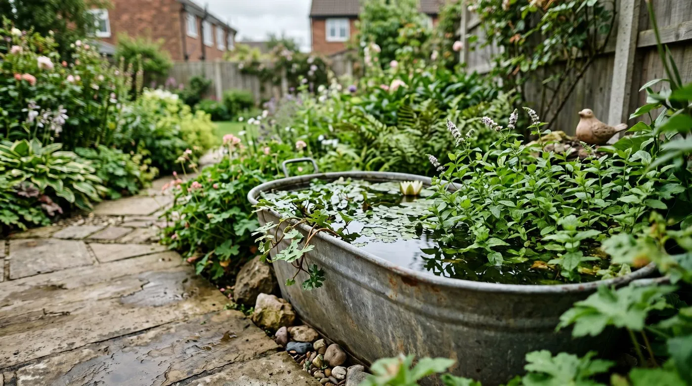 A UK container pond planted with edible water mint and watercress on a sunny patio