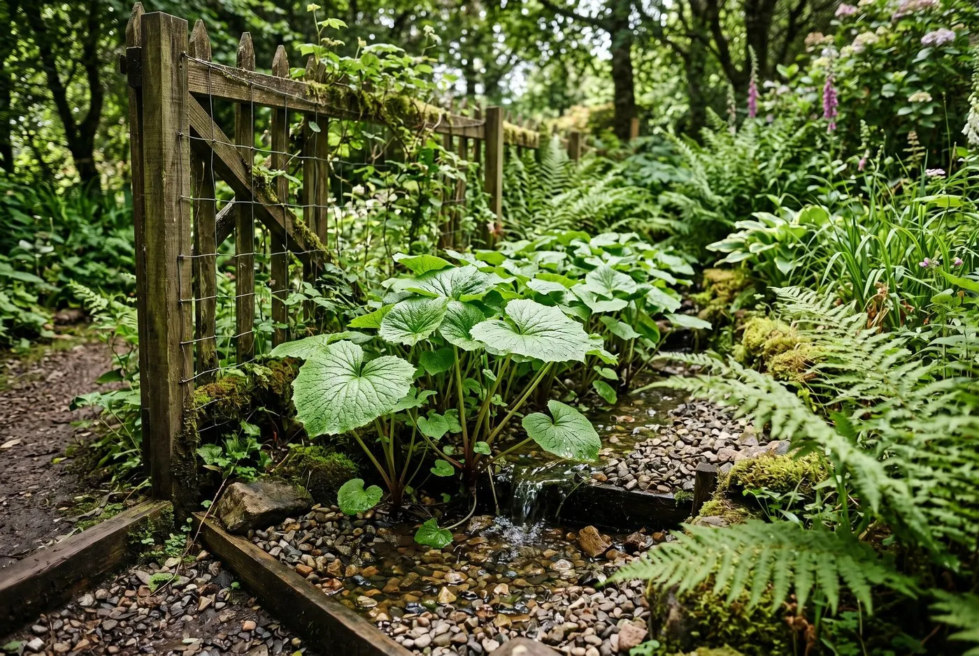 Wasabi plants growing at a cool shaded bog garden edge with the crowns above the waterline