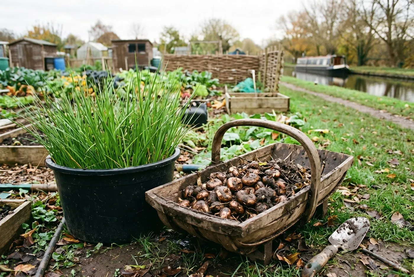Chinese water chestnut corms freshly lifted from a container pond tray in November