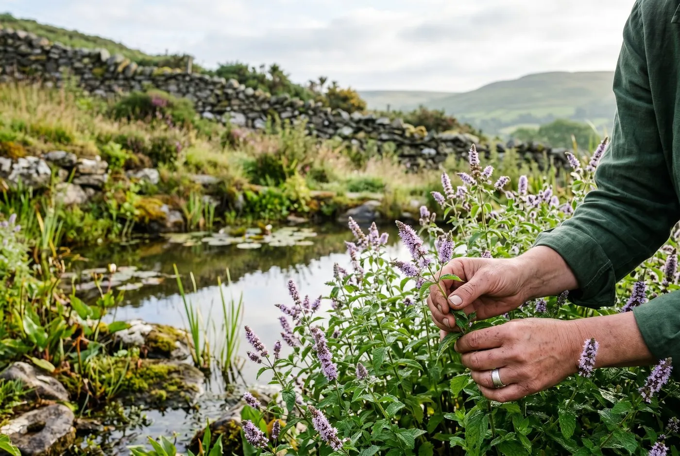 A hand cutting fresh watercress and water mint from a container pond in a UK back garden