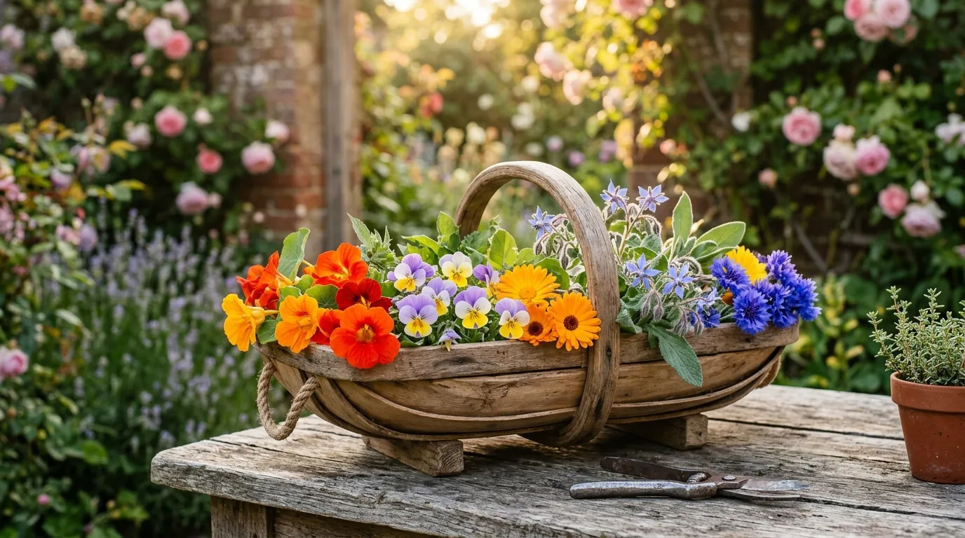 Edible flowers including nasturtiums, violas, calendula and borage arranged on a wooden board in a UK cottage garden