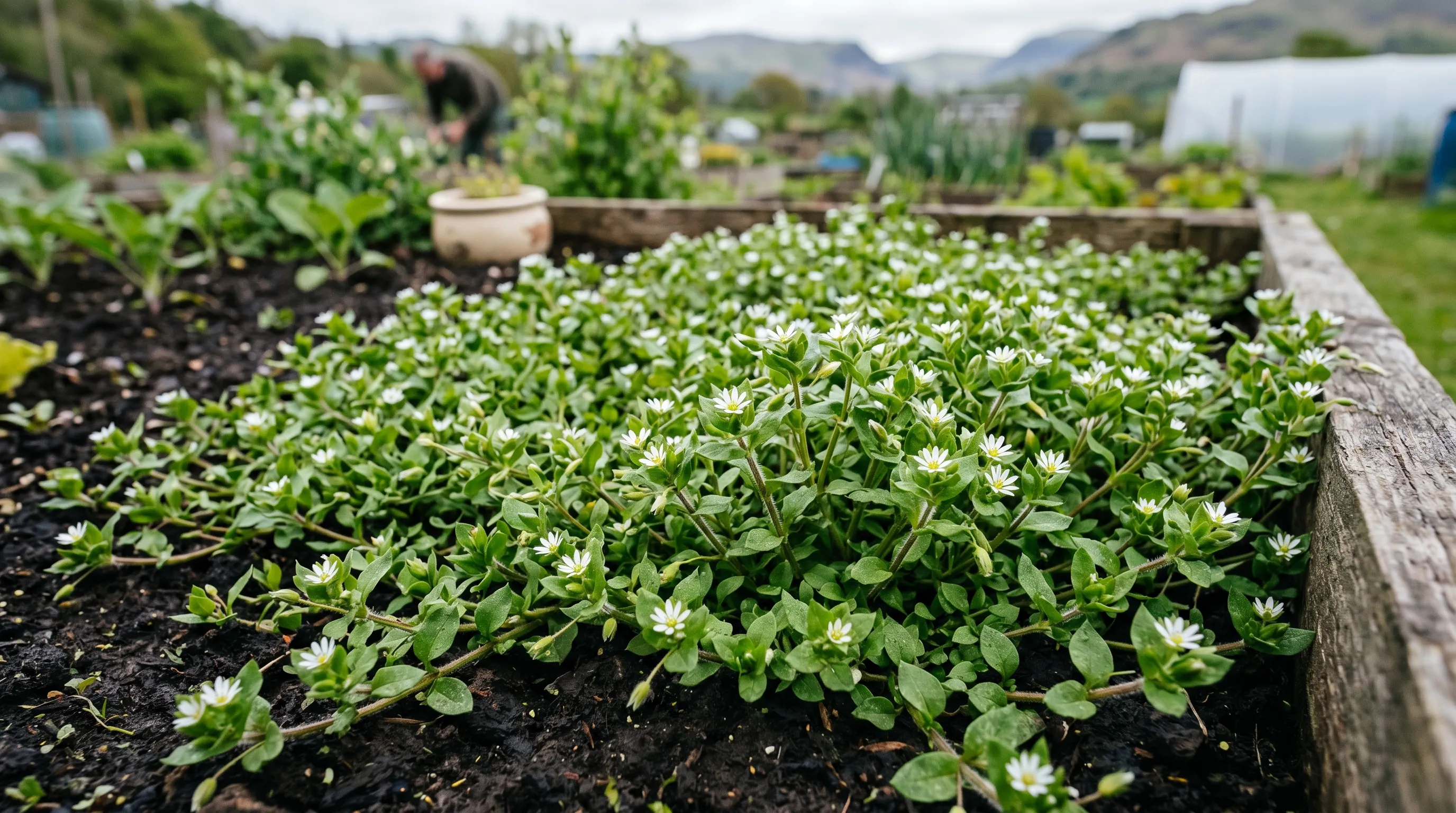 Dense mat of common chickweed Stellaria media with tiny white flowers across a raised bed