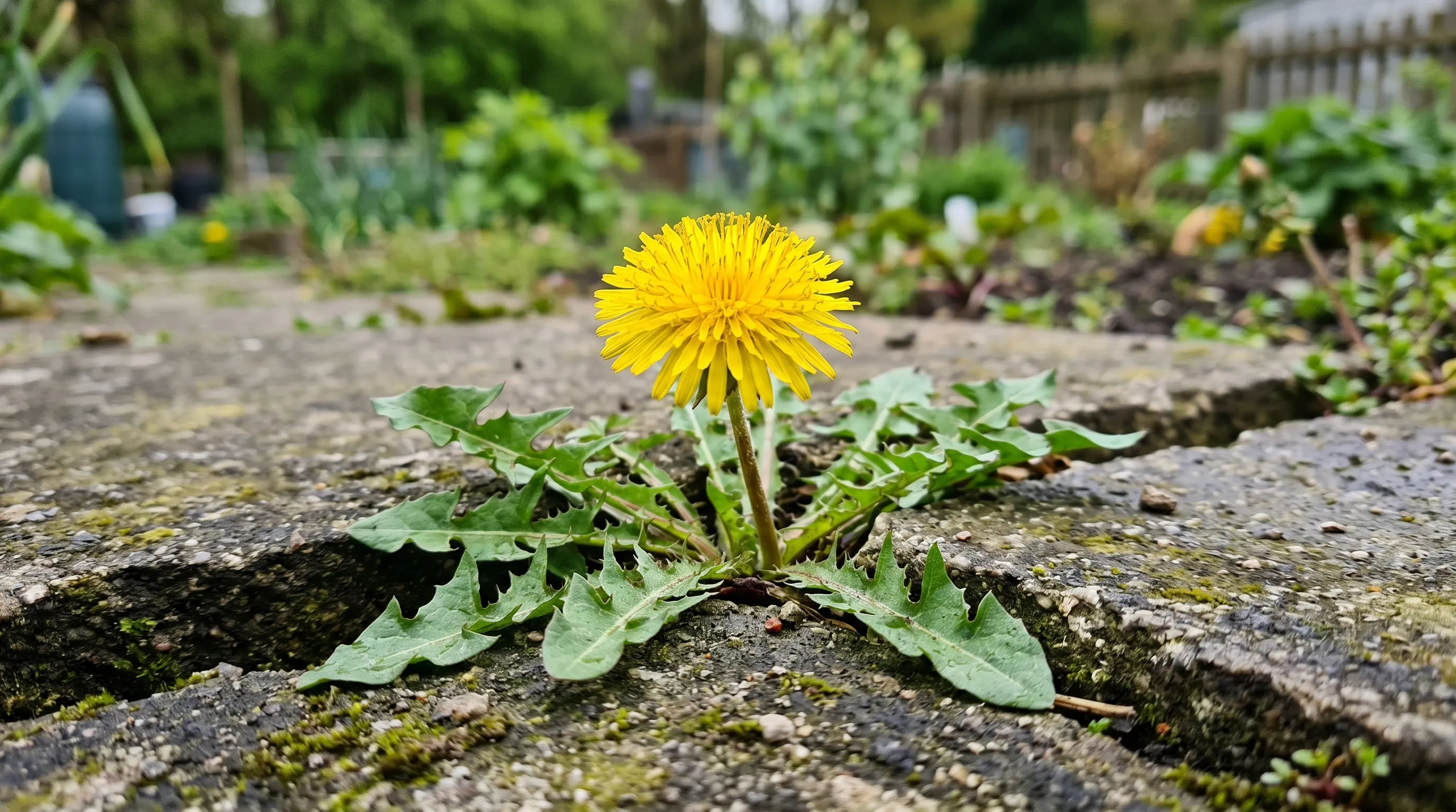 Common dandelion Taraxacum officinale showing serrated leaf rosette and yellow flower on a Sheffield allotment