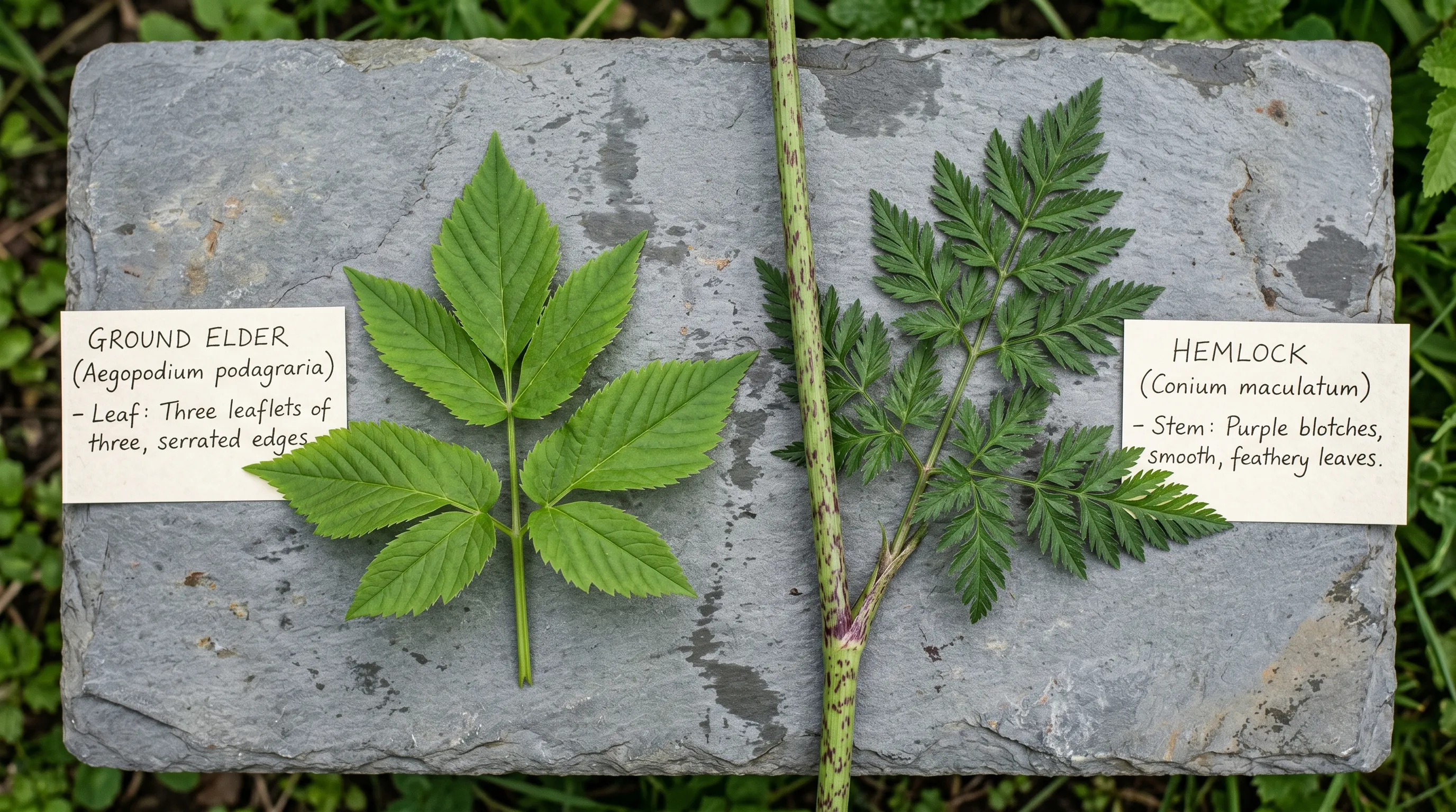 Ground elder leaf next to hemlock stem showing purple blotches diagnostic comparison