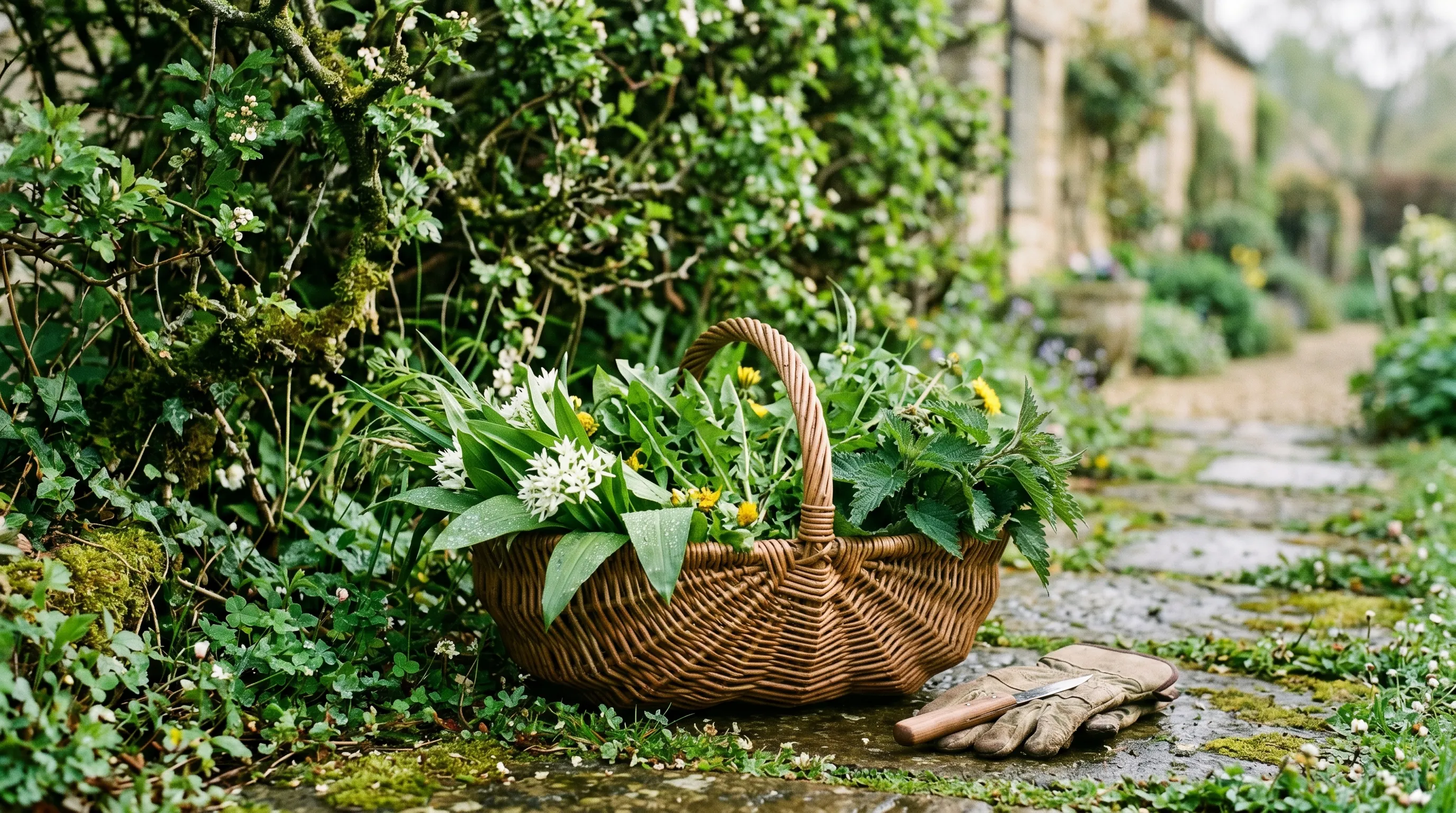 Wicker foraging basket of edible garden weeds including dandelion wild garlic and nettle beside a UK cottage hedge