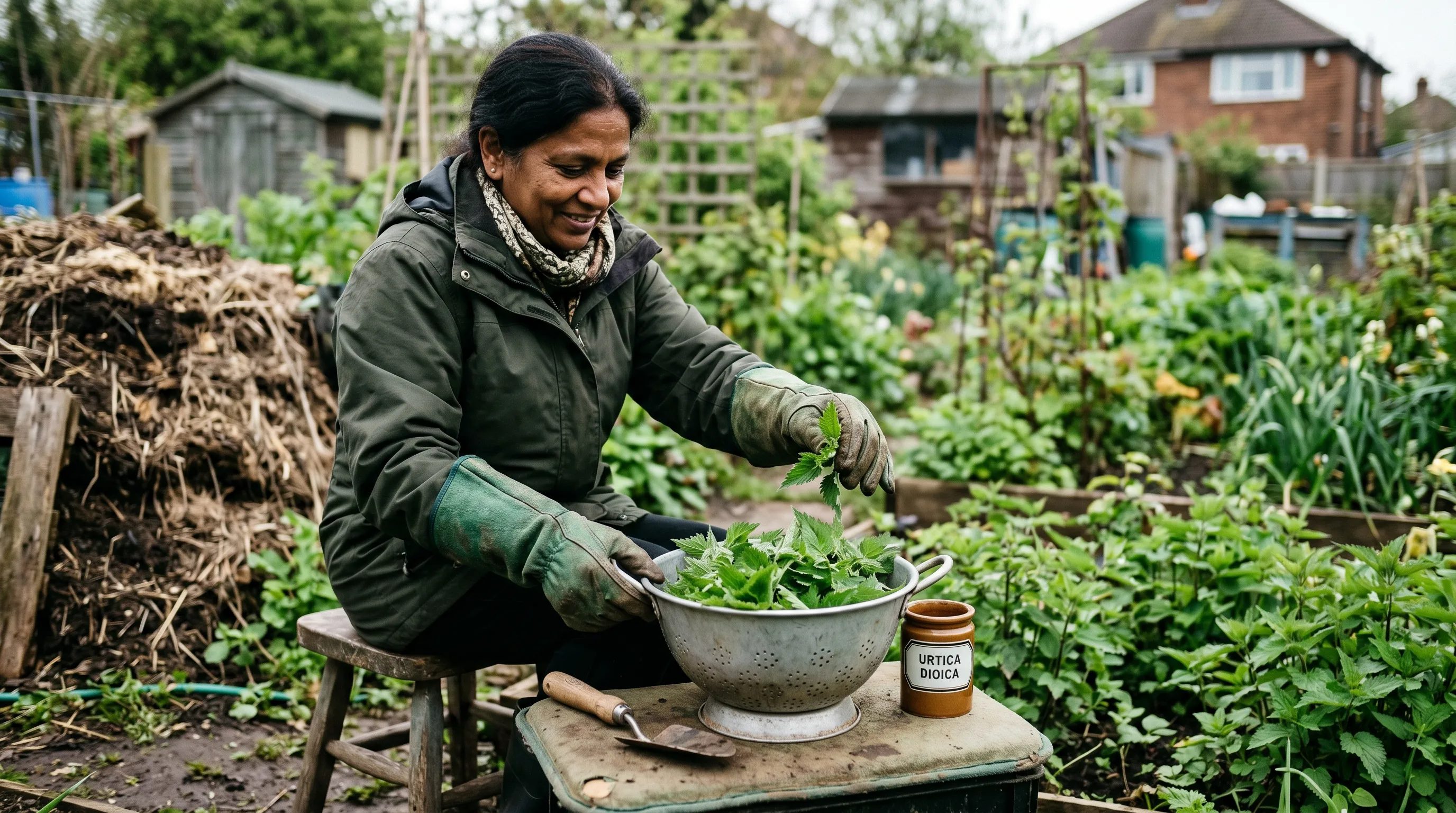 Gardener wearing thick gauntlets harvesting young stinging nettle tops Urtica dioica into a metal colander
