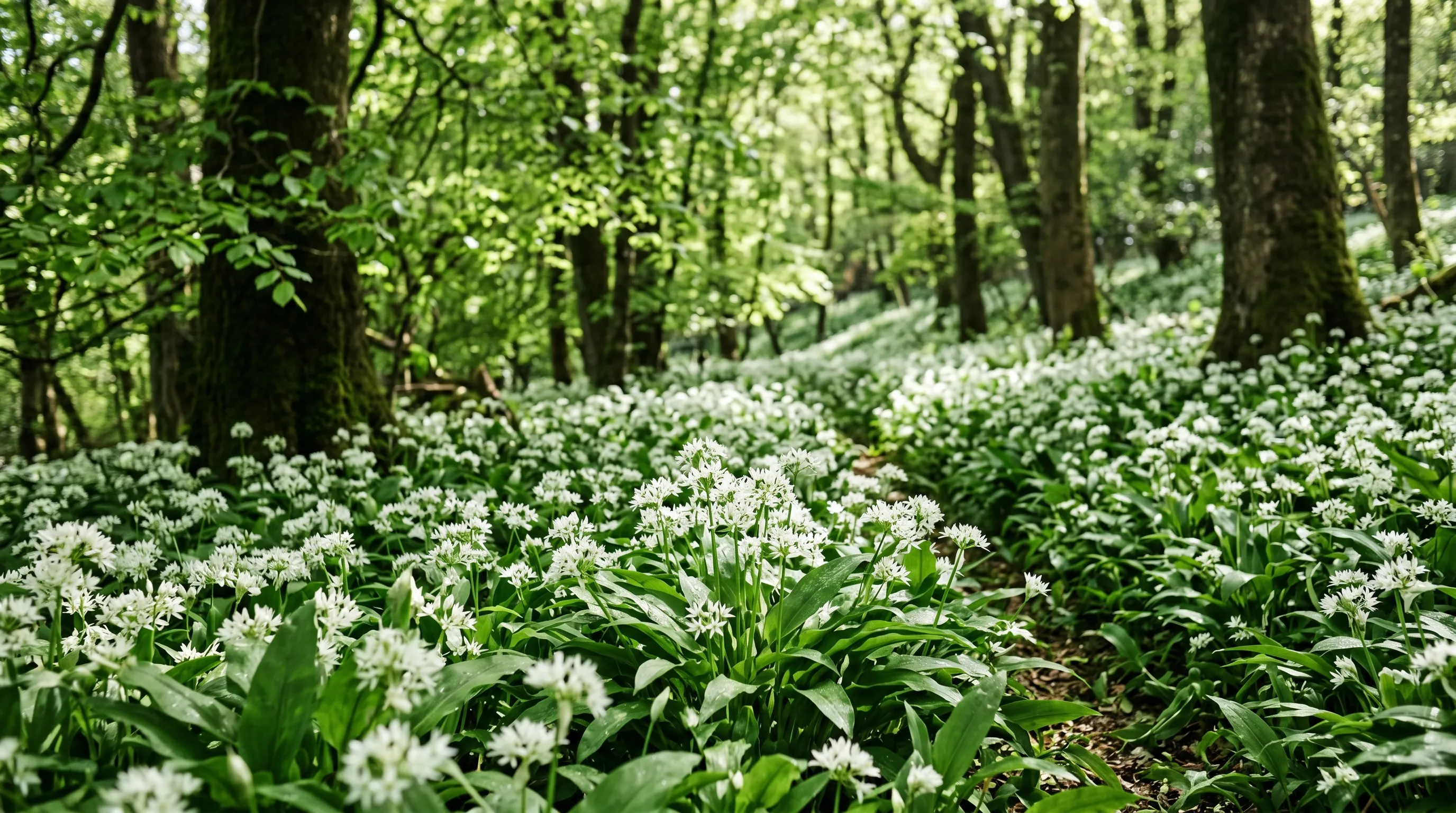 Dense carpet of wild garlic Allium ursinum in flower under beech trees in a Welsh valley woodland