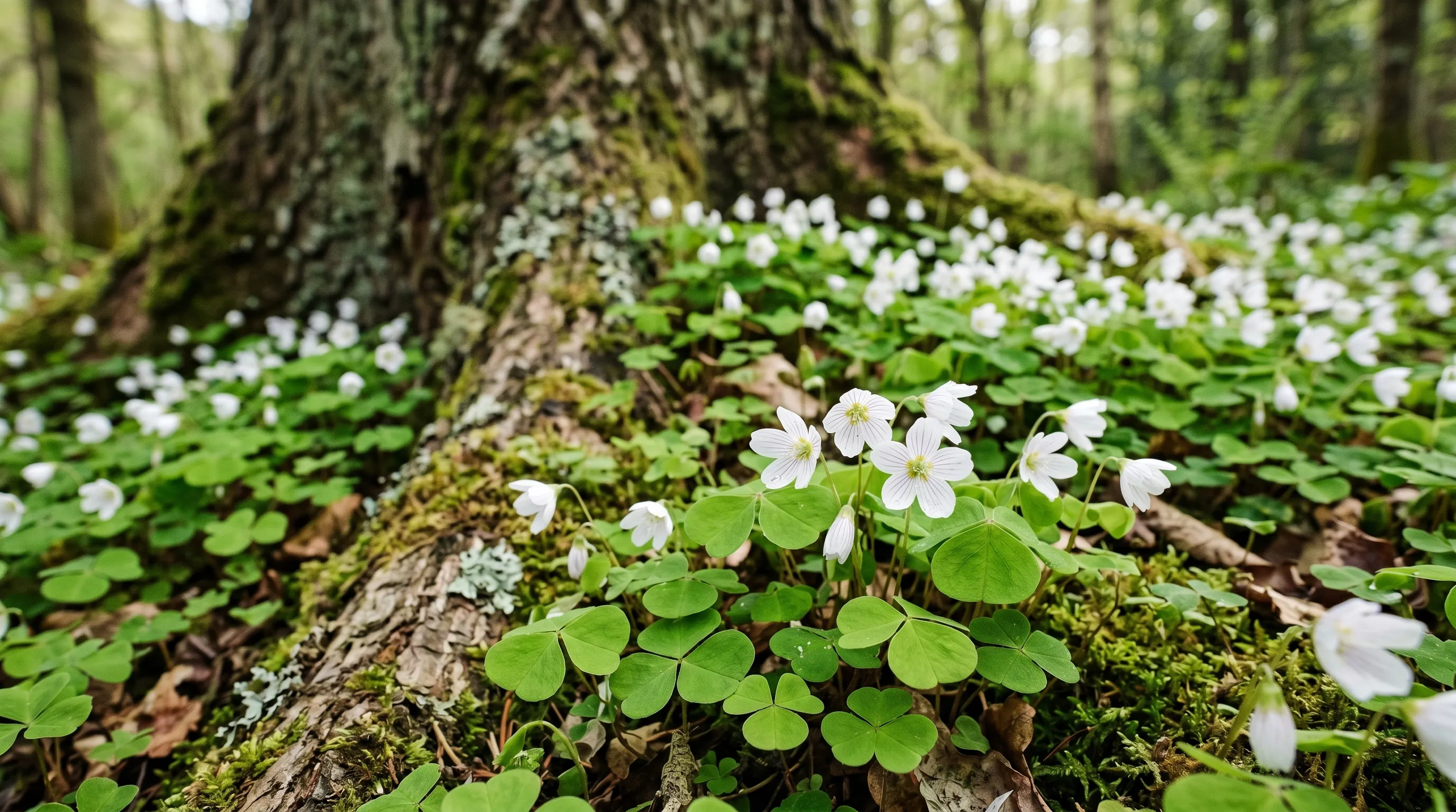 Wood sorrel Oxalis acetosella with bright green heart shaped leaflets and white flowers under an old oak