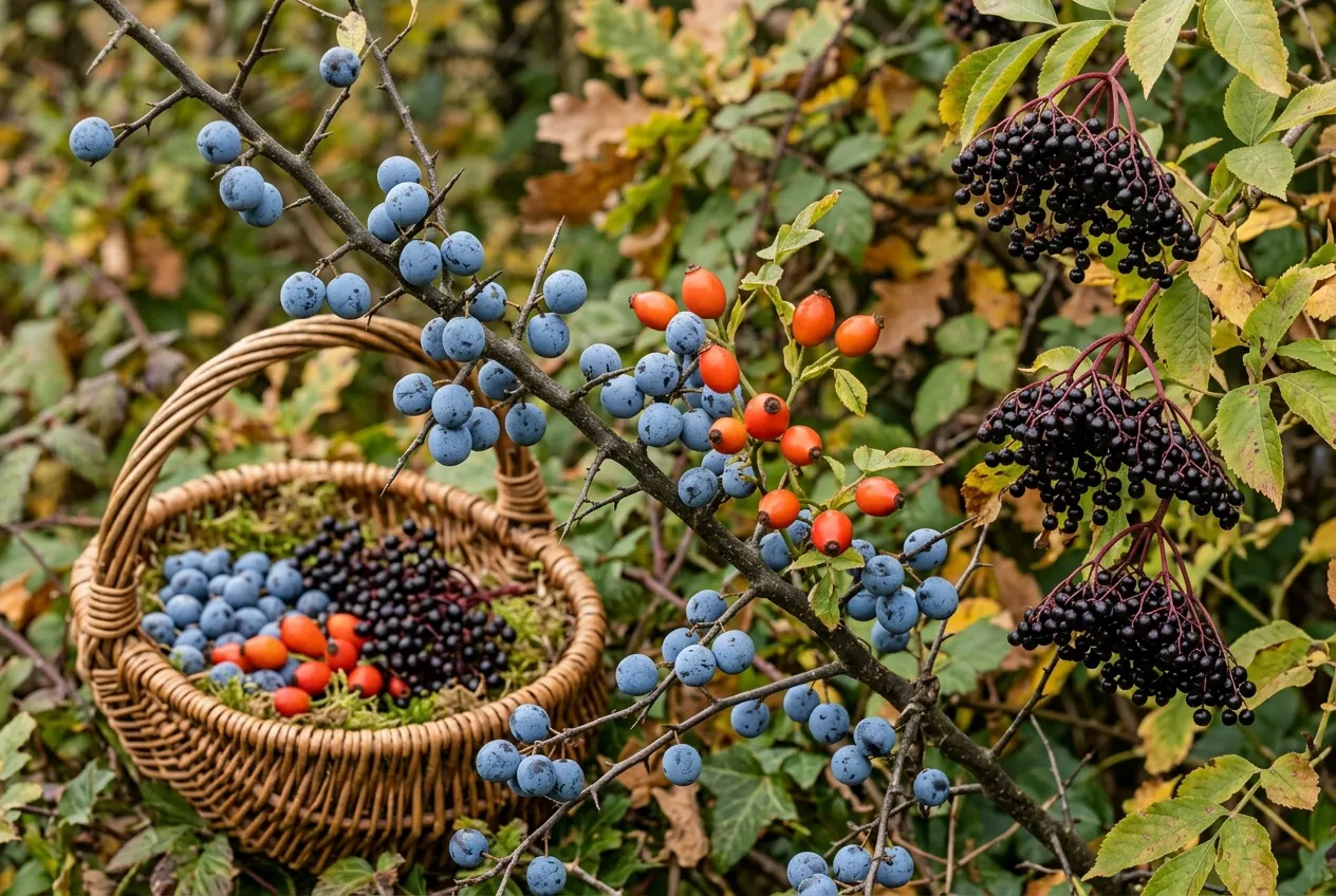 Close-up of sloe berries, rosehips, and elderberries in an edible hedgerow with a foraging basket nearby