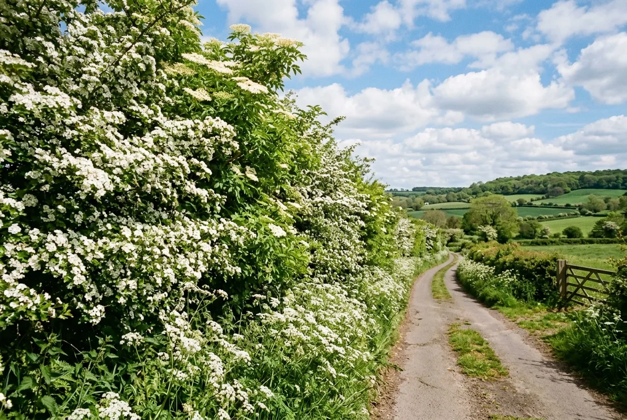 Edible hedgerow in spring with white hawthorn blossom and elderflower clusters along a UK country lane