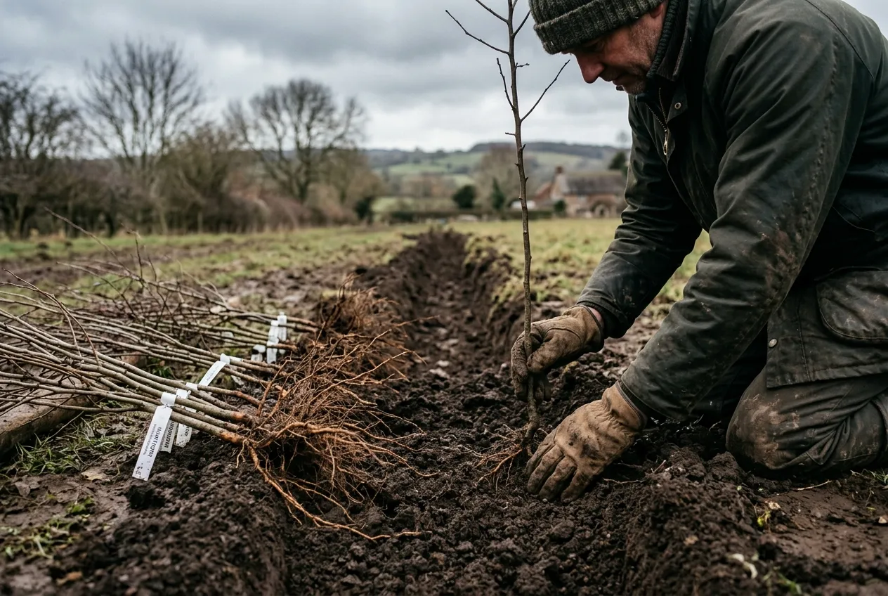 Bare-root native hedging whips being planted in a winter trench in a UK countryside setting for an edible hedgerow