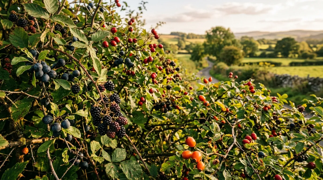 Edible hedgerow in a UK rural garden with ripe blackberries, sloes, hawthorn berries and rosehips in late summer