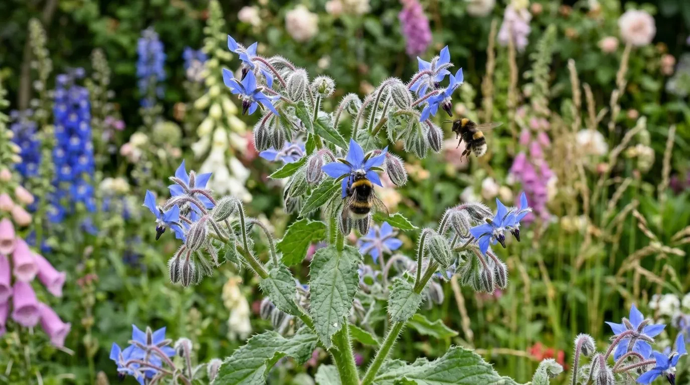 Borage Borago officinalis with brilliant blue star-shaped flowers and bristly grey-green foliage in a UK summer cottage garden with bumblebees actively visiting flowers