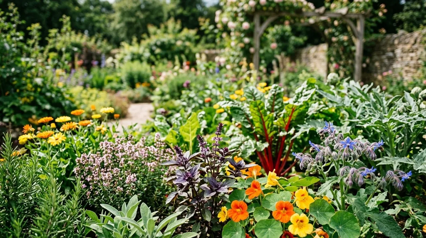 UK garden scene showing edimentals edible ornamental plants in seasonal context