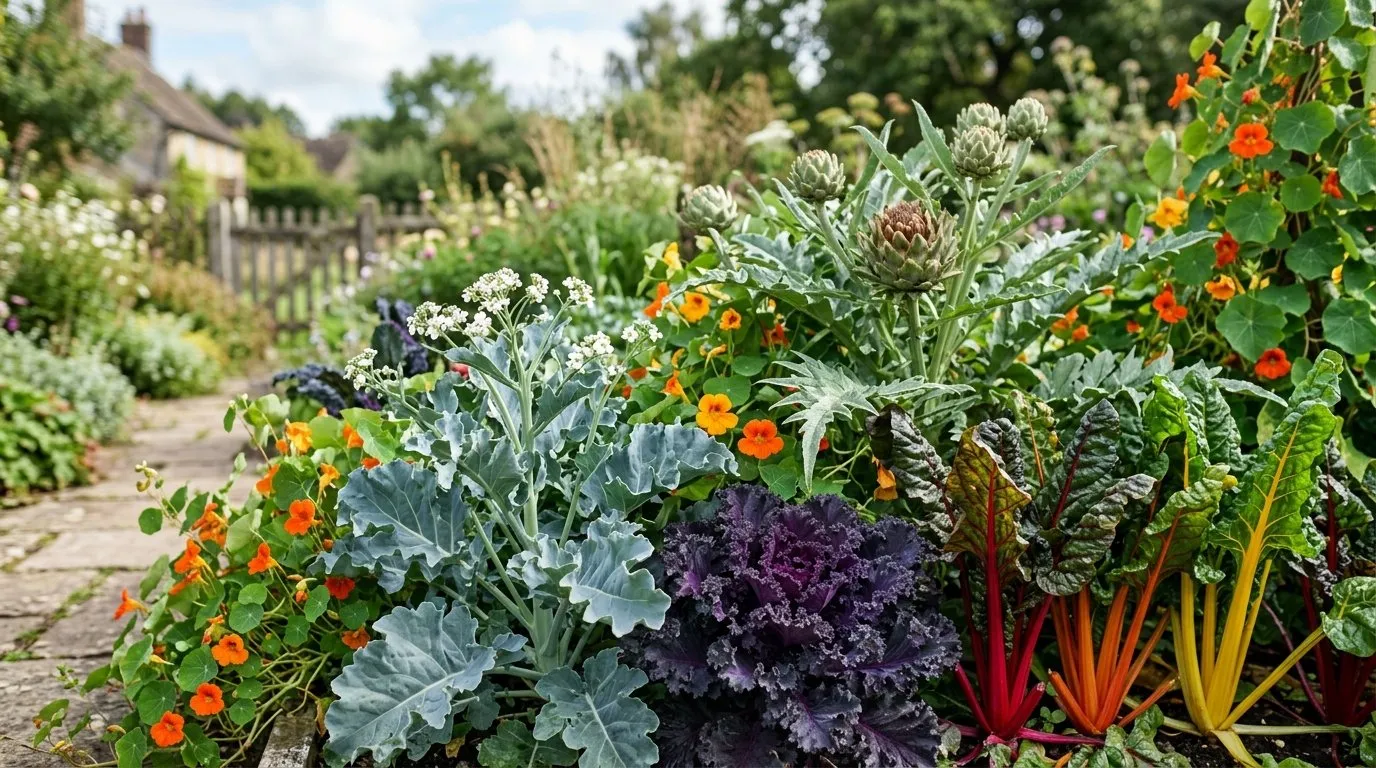 Mixed UK border with edimentals - silver sea kale, purple ornamental kale, rainbow chard, globe artichokes, and nasturtiums in flower in late summer