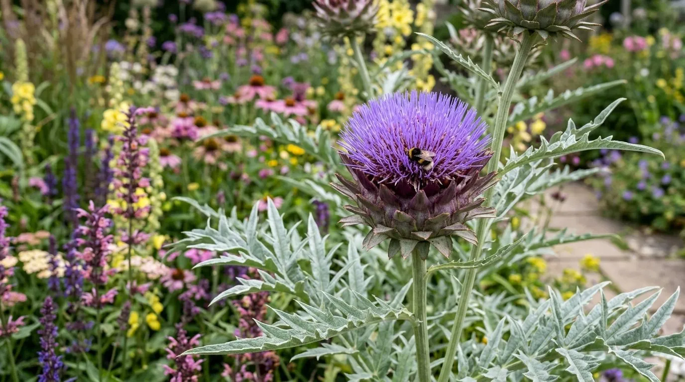 Globe artichoke with silver architectural foliage and giant purple thistle flowers in a UK edimental border in July with bumblebees feeding on the flower