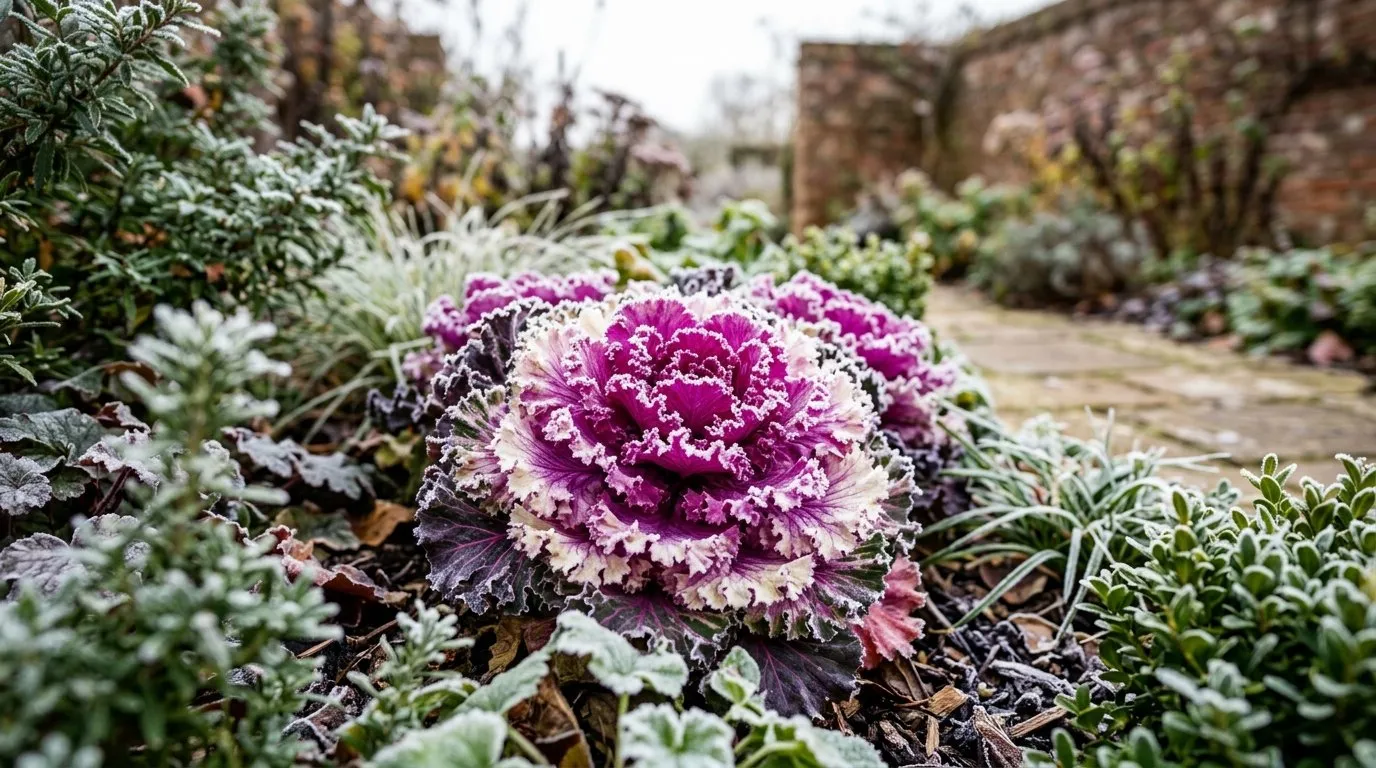 Ornamental kale Brassica oleracea acephala with frilled purple and white winter rosettes in a UK garden border in December dusted with frost