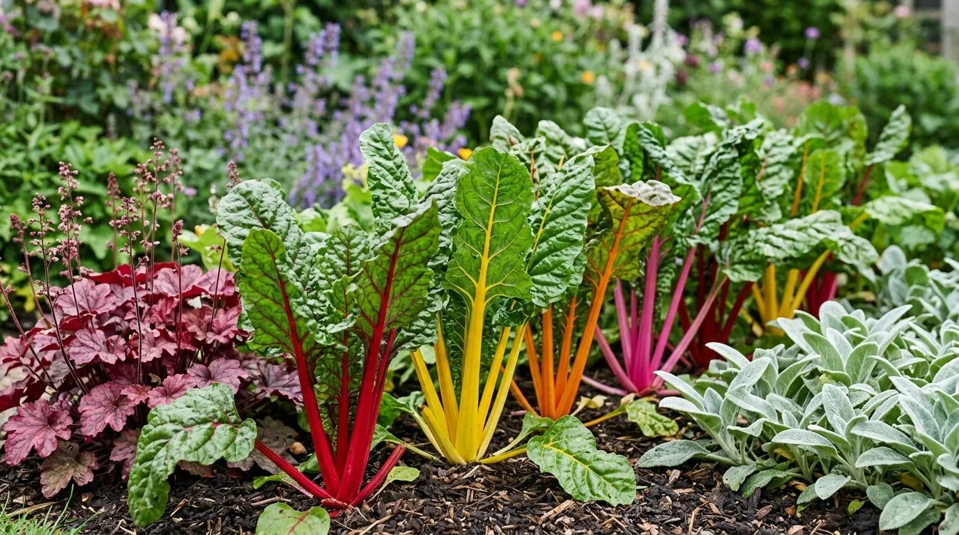 Rainbow chard with red yellow pink and orange stems against deep green leaves growing in a mixed UK ornamental border alongside heuchera and silver foliage plants