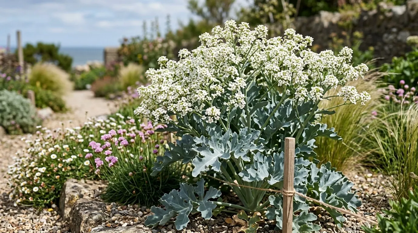 Sea kale Crambe maritima with silver-blue waxy foliage and white scented flower panicles in a UK coastal-style garden border in early June